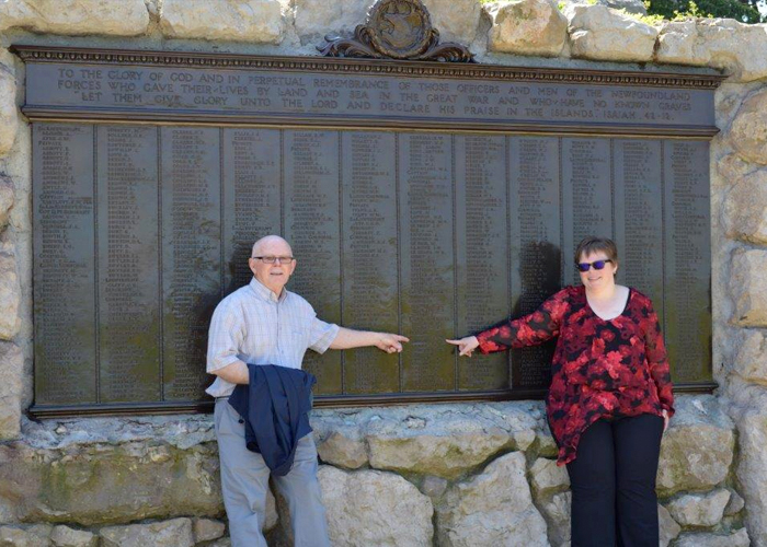 Tracy Madore and her father, Walter, standing at the base of the Caribou Monument at the Beaumont-Hamel Newfoundland Memorial in 2016. The bronze tablets include the names of 820 members of the Newfoundland contingent who gave their lives in the First World War and have no known grave, including Pte. George A. Madore.PHOTO: Tracy Madore