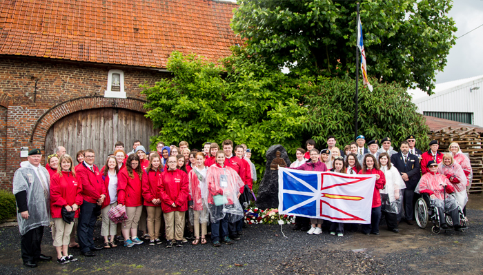 Ambassador Program students visit a monument dedicated to Sergeant Thomas Ricketts, V.C., C. de G., near Ledegem, Belgium during their trip in 2016. The group travelled to a number of other sites, including the five communities that are home to the bronze caribou statues honouring significant engagements fought by the Regiment. 
PHOTO: Frank Gogos