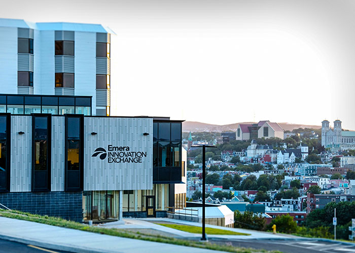 The Emera Innovation Exchange at Memorial’s Signal Hill Campus was named in recognition of Emera’s contribution to innovation and entrepreneurship programming at Memorial University. Note: building signage depicted by designer. 
PHOTO: Rich Blenkinsopp