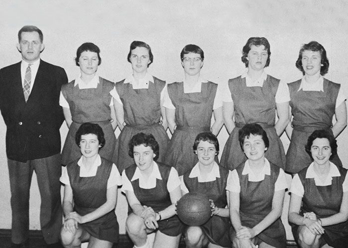 (Back Row) J.D. Eaton (Coach), Margie Templeman, Joan Lewis, Shirley Earle, Linda Winter, Christine Whelan (Front Row) Joan Parsons, Georgie Elton, Maxine Guzzwell, Eleanor Squires, Carolyn Pike. (Surnames listed are the names used in 1957) PHOTO: submitted