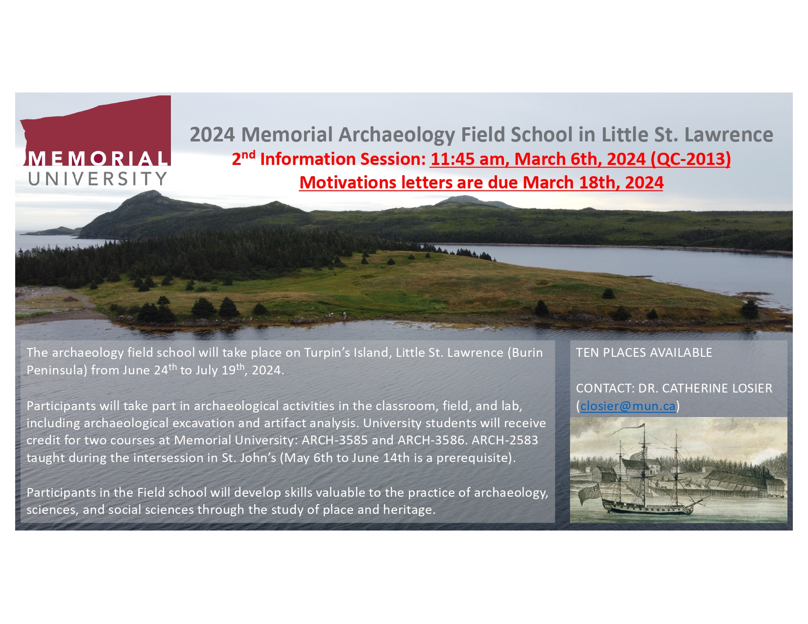 Poster for the second information session for the 2024 Archaeology Field School on March 6th, 2024 at 11:45 am