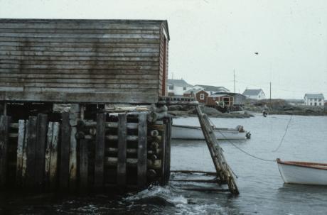 Side view of stage with stage head and boat, Greene's Point , Tilting
