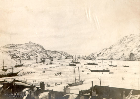 Photograph of a painting of St. John's harbour in winter with vessels in the ice