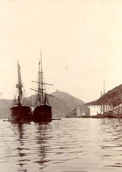 Two unidentified vessels moored in St. John's harbour with Signal Hill in the background