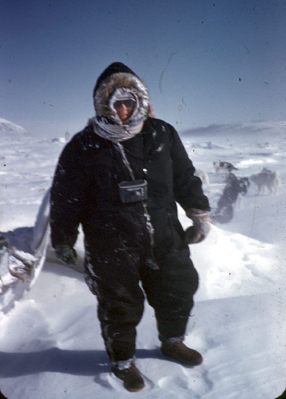 Bobbin Joyce in a snow suit at Cartwright, Labrador