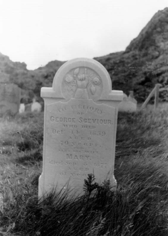 Headstone of George and Mary Sceviour at the cemetery in Exploits, Newfoundland