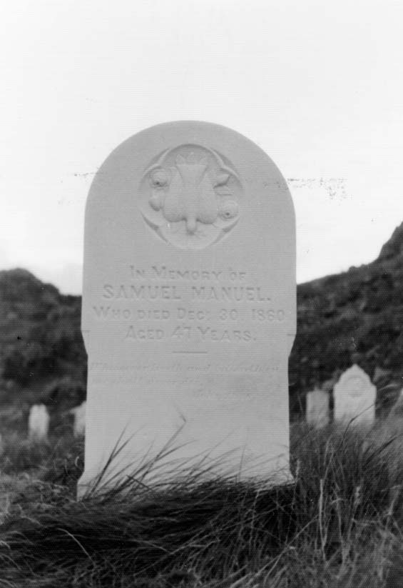 Headstone of Samuel Manuel at the cemetery in Exploits, Newfoundland