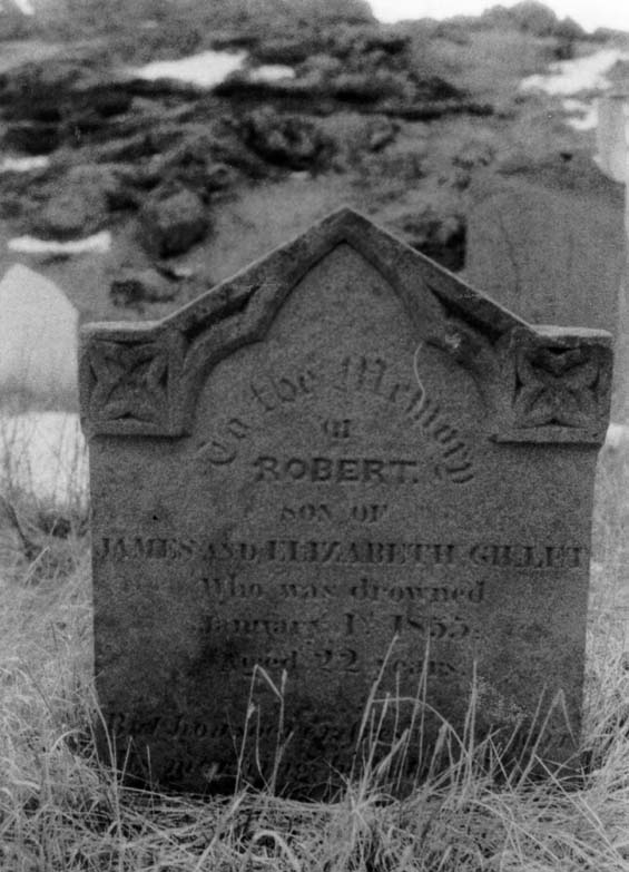Headstone of Robert Gillet at the cemetery in Exploits, Newfoundland