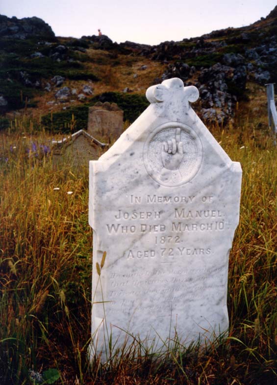 Headstone of Joseph Manuel at the cemetery in Exploits