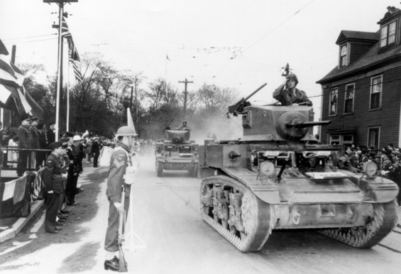 United States Army tanks in a joint American and Canadian military parade in 1942, St. John's, Newfoundland