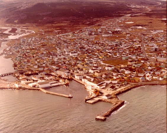 Aerial view of Grand Bank, Newfoundland, showing Bonavista Cold Storage Co. Ltd. plant and trawlers