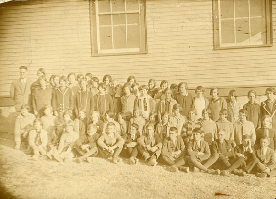 Sudents at United Church Central School, Coster Street, Bonavista with Mr. Johnny Case, Principal, in the back back row