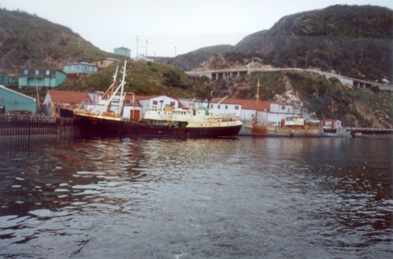 Fishing vessels tied up at Gaultois Fisheries Ltd. fish plant at Gaultois, south coast of Newfoundland