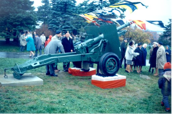 Ceremony at Bowring Park, St. John's, Newfoundland, during the erection of a newly restored Field Gun used in World War II