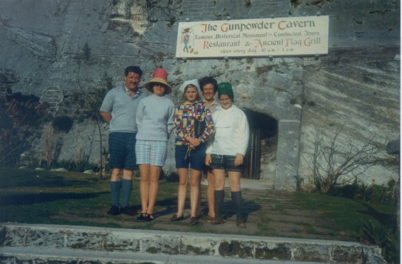 Harold L. Lake, his wife Robin (second from right), their two daughters and another girl (centre) at The Gunpowder Cavern, St. George, Bermuda