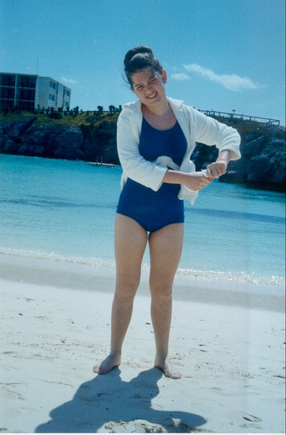 Harold L. Lake's daughter on a sandy beach in St. George, Bermuda during a family vacation