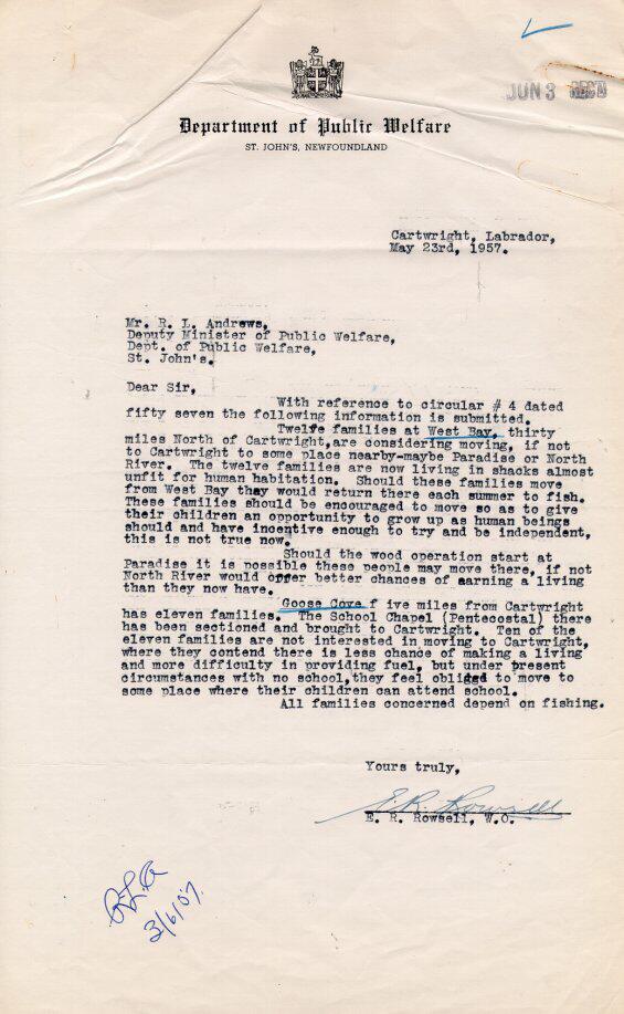E.R. Rowsell Letter to R.L. Andrews, 1957