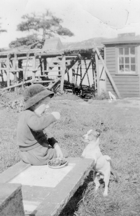 Harvey Tulk and his dog at Tulk's Point, Harbour Buffett, Placentia Bay.