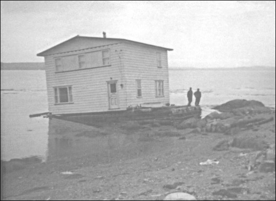 Maison de George et Alice Eastman, à North Harbour (baie de Placentia), sur la barge qui l'a transportée de Woody Island