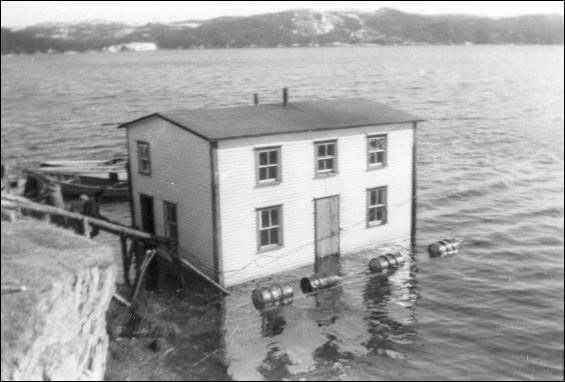 La maison d'Alex et Annie Stacey, mise à l'eau à l'île Sound (baie de Placentia), en route vers Garden Cove (baie de Placentia)