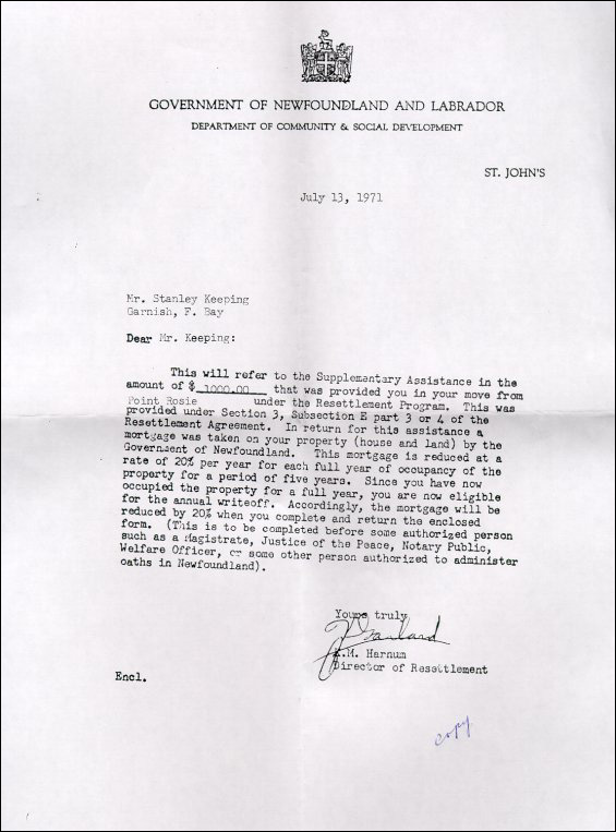 Copie d'une lettre envoyée à Stanley Keeping concernant l'aide supplémentaire qu'il a reçue dans le cadre du programme de réinstallation. Signée par Ken Harnum, directeur du programme de réinstallation