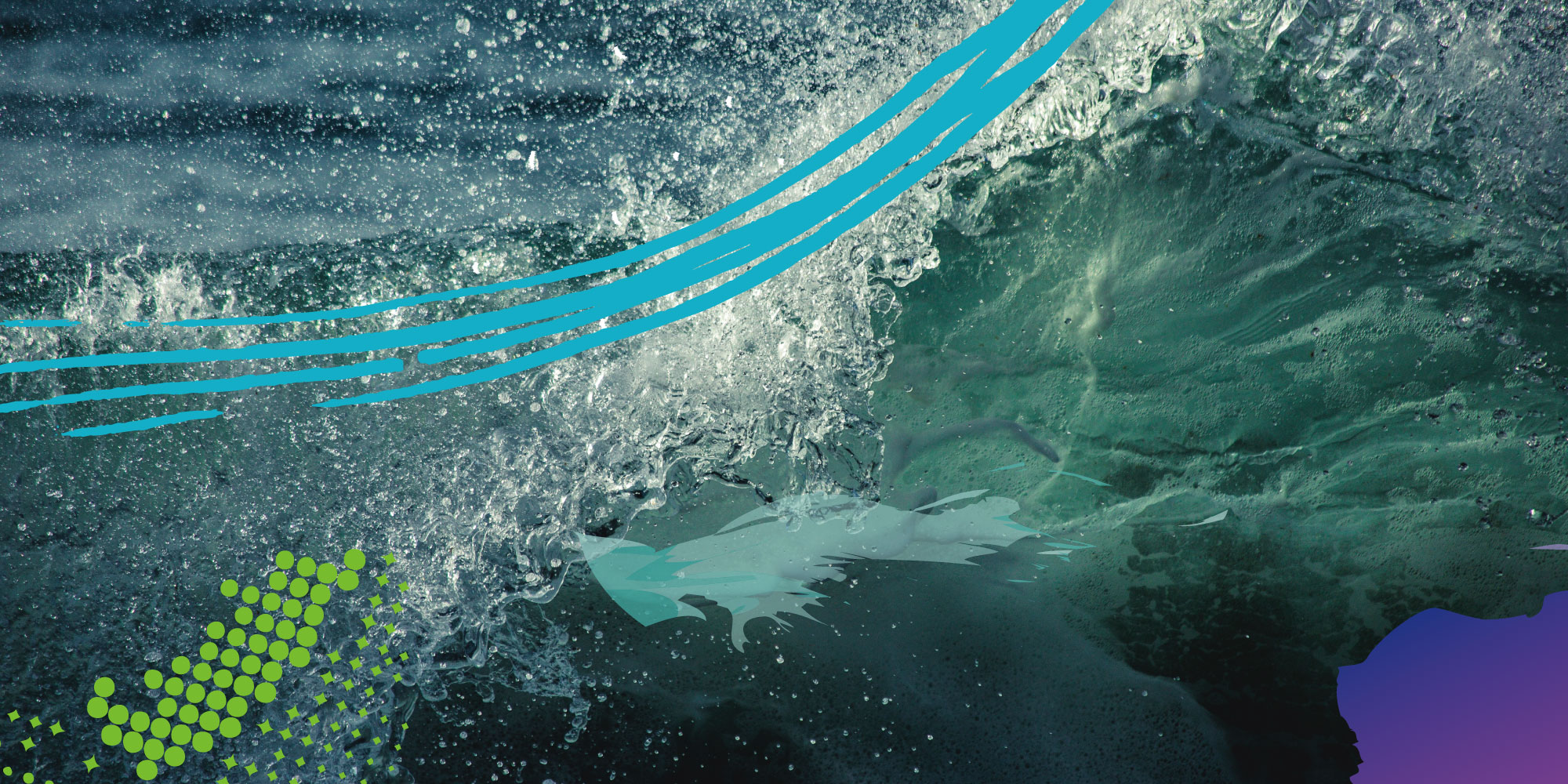 Image of inside an ocean wave, underwater, bubbles. Halftone, paint streaks illustration overlay.