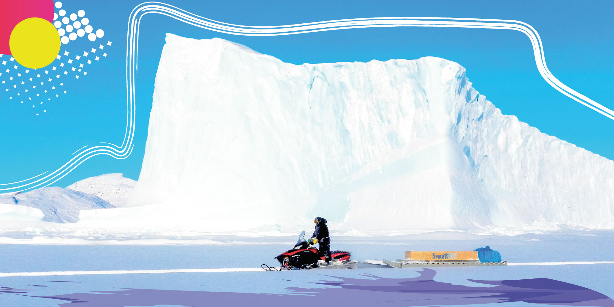 Snowmobiler in front of ice mountain!