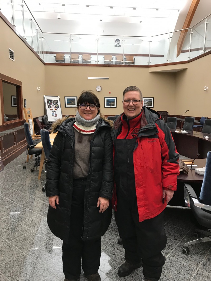 Cheryl and Sheri at Nunatsiavut Assembly Building in Hopedale       