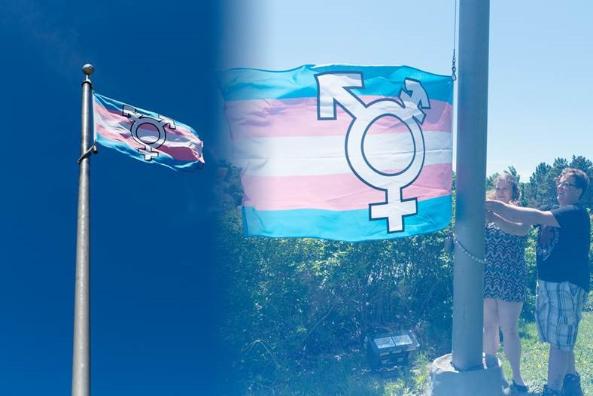 The transgender flag being raised at Memorial's St. John's campus.