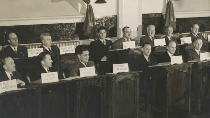 Members of the Newfoundland National Convention seated in the House of Assembly chambers of the Colonial Building