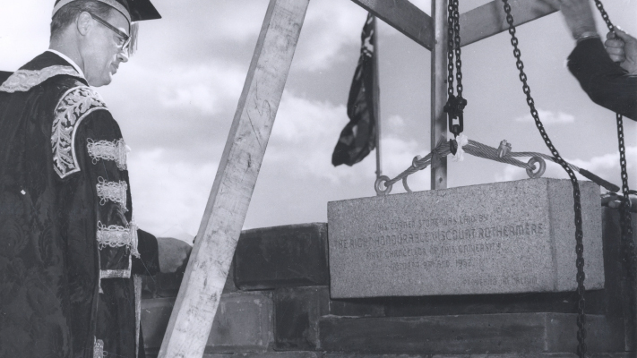 Lord Rothermere lays the cornerstone for the new Memorial University campus on Elizabeth Avenue in 1952