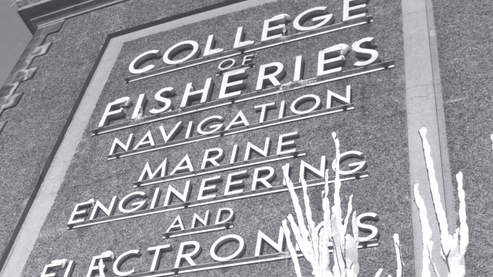 A photo of a sign for College of Fisheries, Navigation, Marine Engineering and Electronics