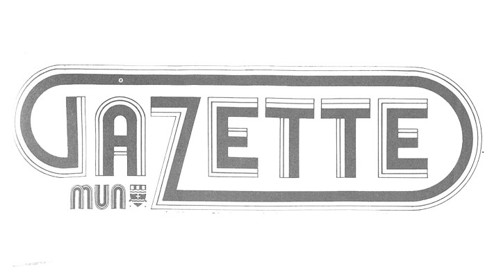 The logo of the gazette featuring the word Gazette in large grey text with the word MUN and mun's crest located under the G and the A.