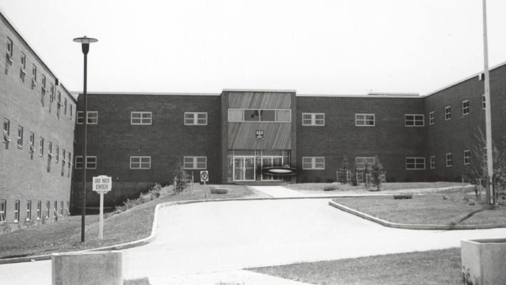 Black and white photograph of the West Coast Regional College building