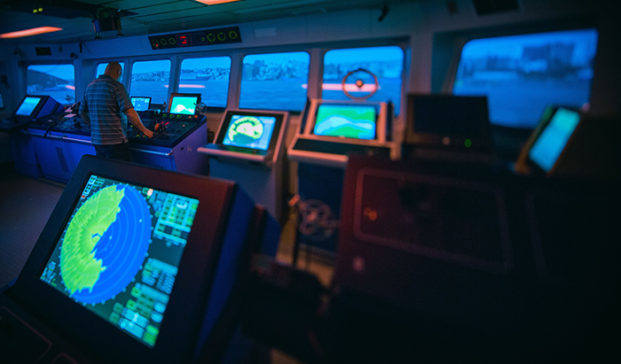 A photo showing inside the Marine Institutes ship-bridge simulator