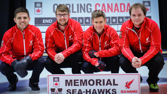 A photo of Memorial University Seas-Hawks Adam Boland, Stephen Trickett, Zach Young and Evan Kearley who win the USports Men’s Curling Canada Championship in 2017