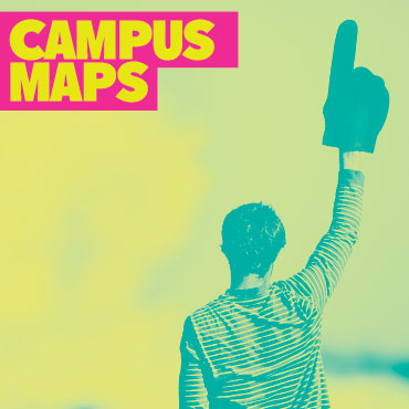 Yellow text on pink background that say Campus Maps with a silhouette of a person holding a foam finger.