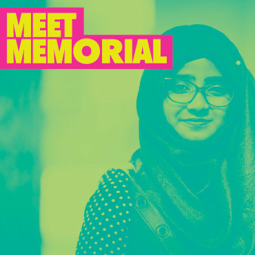 Yellow text with pink background saying Meet Memorial with a background photo of a student with a green overlay.