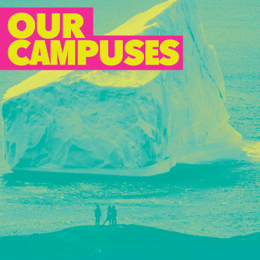 Yellow text with a pink background saying Visitor's Guide with a photo of an iceberg in the background with a green overlay.