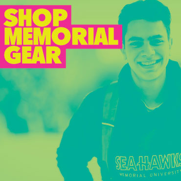 Yellow text with a pink background with the saying Shop Memorial gear with a photo of a student wearing a Memorial sweatshirt. The photo has a green overlay.