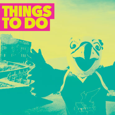 Yellow Text with a pink background saying Things to do with a photo of the Memorial Sea-Hawks mascot in the background.