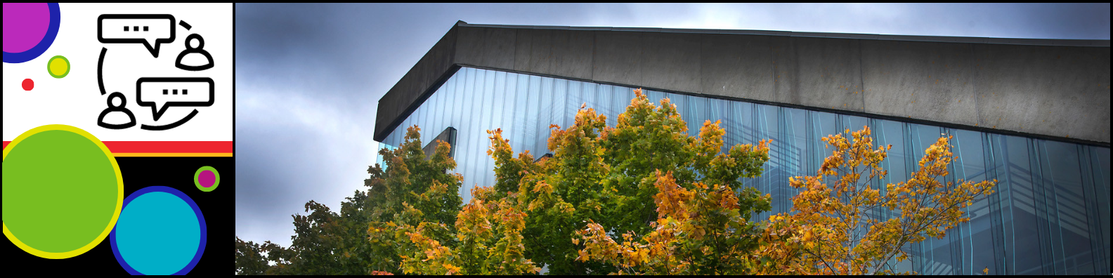 Black icon of two people with talking bubbles next to a photo of the side of the Queen Elizabeth II library and foliage