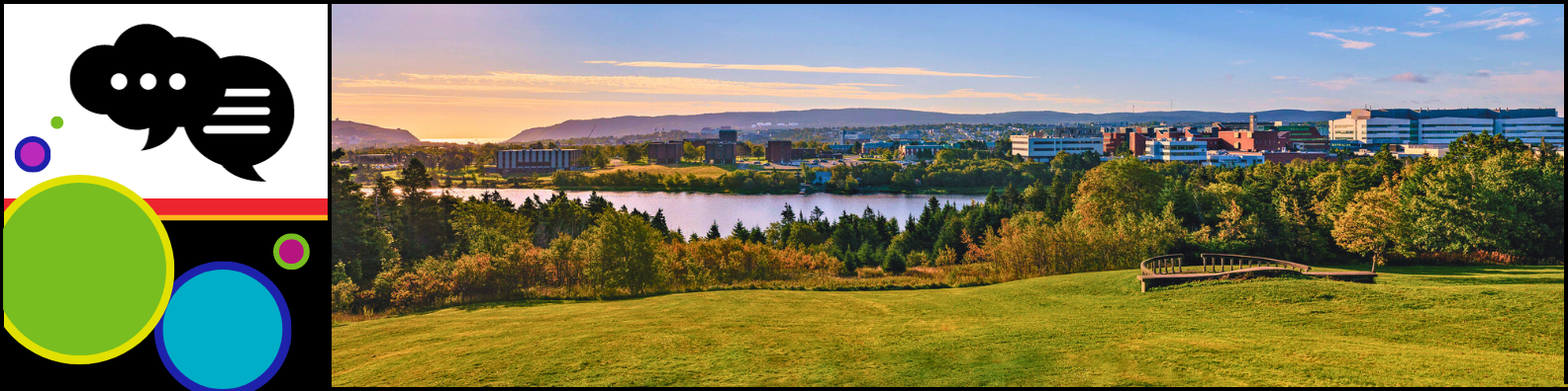 Black word / text bubble icons next to a photo of a view of campus across the lake from Pippy Park