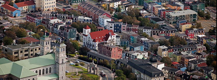 Aerial shot of colourful row housing in downtown St. John's, NL