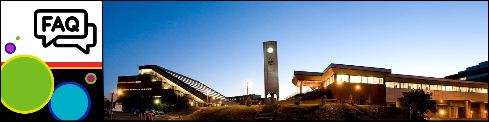 Black FAQ icon to the left of a panoramic night view of the Memorial University clock tower and library
