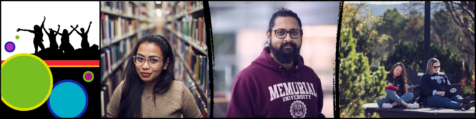 Photo of Memorial students: student in library smiling at camera, student in Memorial hoodie smiling at camera, two students sitting outside working on laptops.