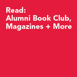 red background with read: alumni book club, magazines + more text