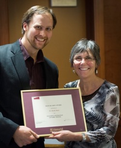 Reade Davis is the recipient of the Dean of Arts Award for Teaching Excellence for 2012-2013. In the photo from February 27 is Reade Davis and the Dean of Arts, Dr. Lynne Phillips.