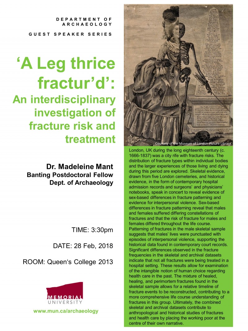Poster for Dr. Madeleine Mant's guest lecture on February 28, 2018