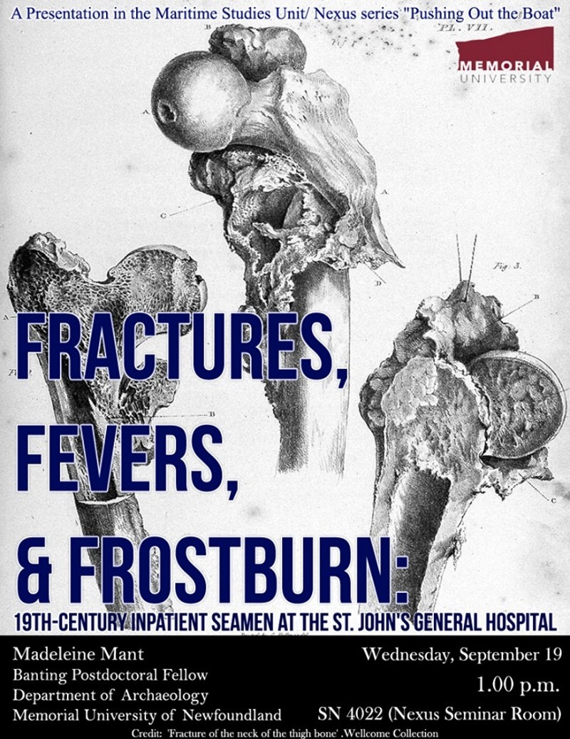 Poster for Dr. Madeleine Mant's fractures, fevers, and frostburn talk on September 19, 2018